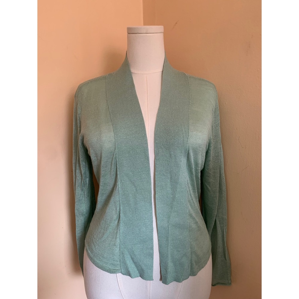 NIC+ZOE Womens Seafoam Green Linen Blend Ribbed Open Front Cardigan Sweater L
